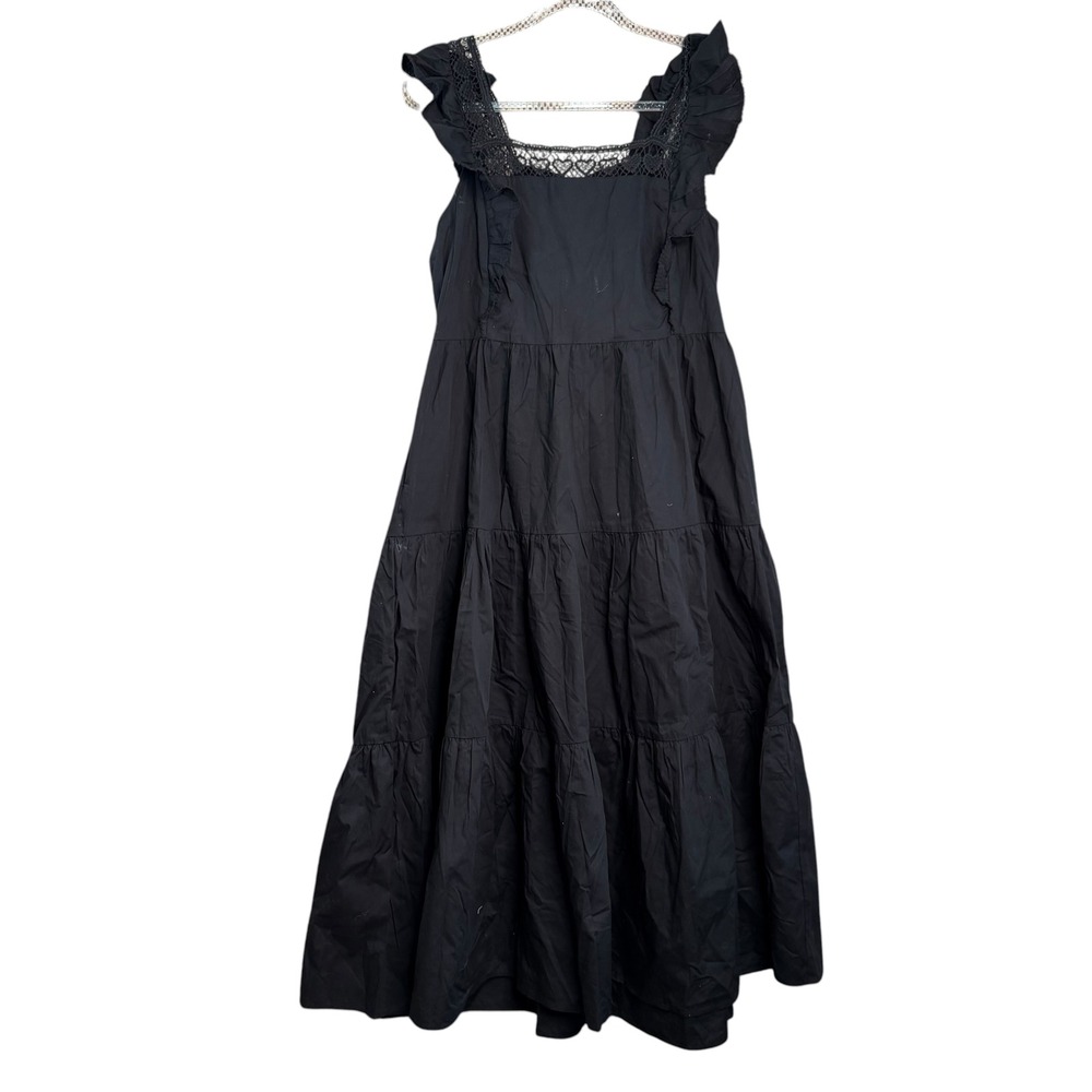 Nobody's Child Black Organic Cotton Tiered Maxi Dress Ruffle Lace Trim 12
